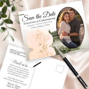 Postal De Anuncios Rosa Melocotón Elegante y Foto de Boda para Guarda