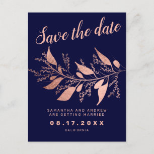 Postal De Anuncios Rosa moderno azul marino de oro salva al boda de f