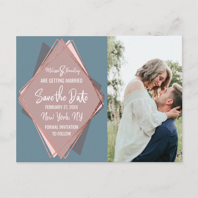 Postal De Anuncios Rosa Oro Dusty Blue Mauve Geometric Save the Date (Anverso)