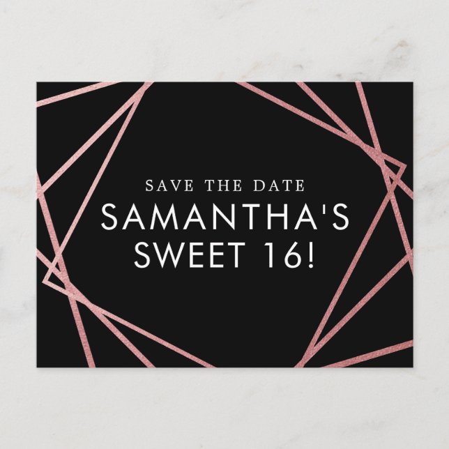 Postal De Anuncios Rosa Oro Pink Black Sweet 16 Save the Date (Anverso)