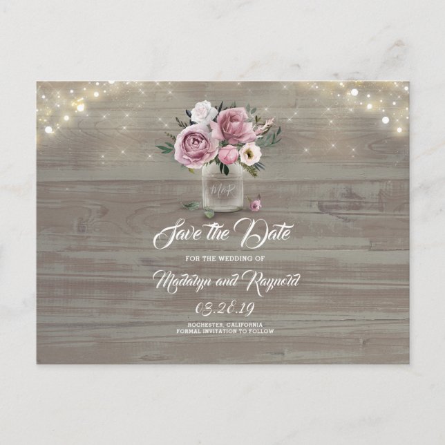 Postal De Anuncios Rosa Polvorienta Floral Mason Jar Save the Date (Anverso)