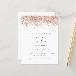 Postal De Anuncios Rosa Purpurina de oro Script Elegant Save the Date