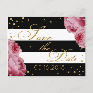 Postal De Anuncios Rosa Purpurina Gold Stripe Modern Save the Date