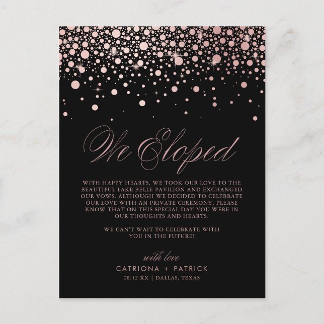 Postal De Anuncios Rosa Relieve metalizado dorado Confetti Boda negro (Anverso)
