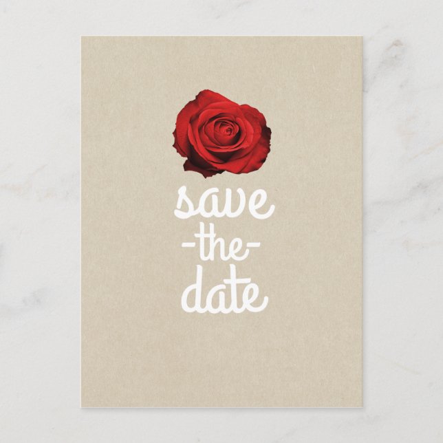 Postal De Anuncios Rosa Roja Kraft Rústico Boda Guarde la Fecha (Anverso)