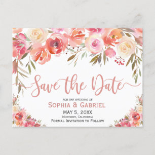 Postal De Anuncios Rosa rosa pastel Floral Guardar la fecha