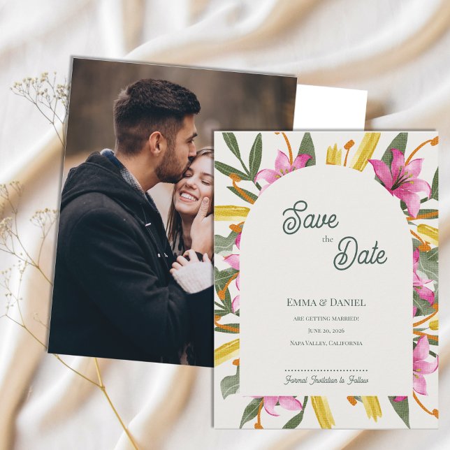Postal De Anuncios Rosa Rubor Lirio Arqueado Foto Boda Guardar la Fec (Blush Lily Arched Photo Save the Date Postcard | Romantic Botanical Floral Wedding Announcement)