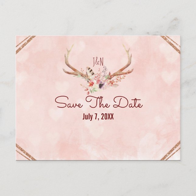 Postal De Anuncios Rosa Rubor Pink Floral Deer Antlers Guarda La Fech (Anverso)