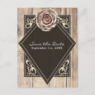 Postal De Anuncios Rosa Rústica Elegante Madera Diamante Salva la Fec