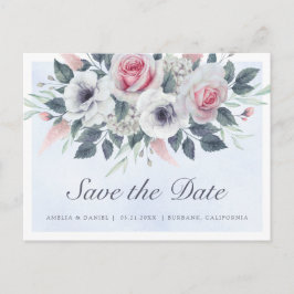 Postal De Anuncios Rosas Acuarela Románticas Azul Claro Save The Date