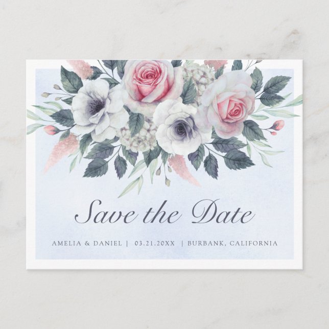 Postal De Anuncios Rosas Acuarela Románticas Azul Claro Save The Date (Anverso)