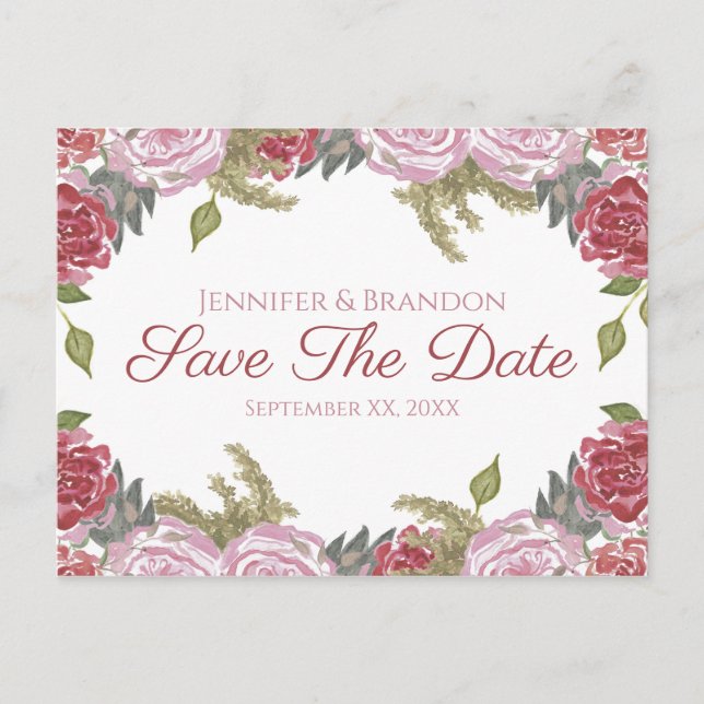 Postal De Anuncios Rosas acuarela Save The Date (Anverso)