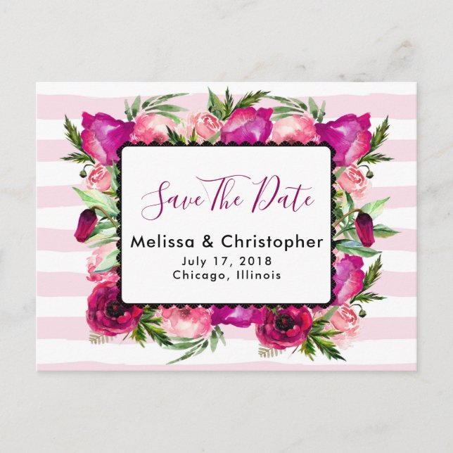 Postal De Anuncios Rosas & Amapolas Ramo Floral Boda Guardar la Fecha (Anverso)