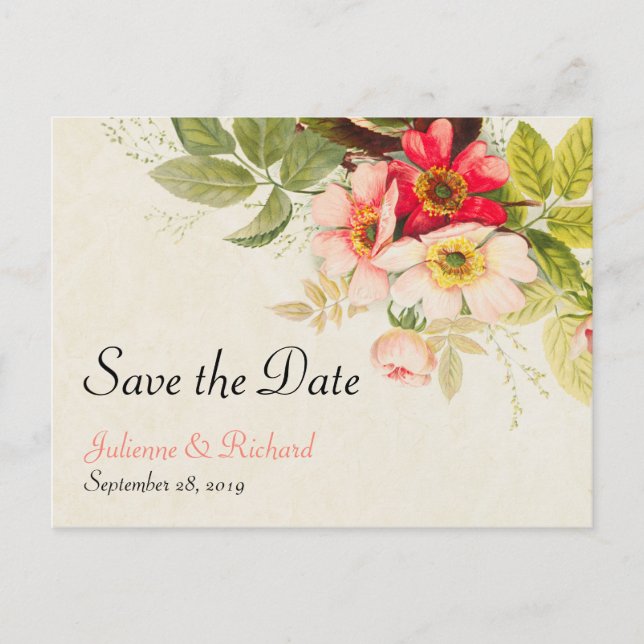 Postal De Anuncios Rosas Antiguas Ramo Floral Boda Save the Date (Anverso)