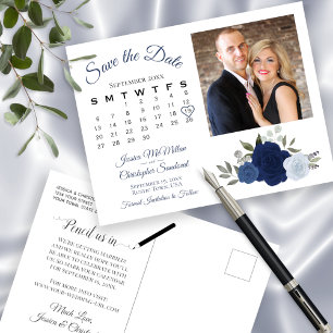 Postal De Anuncios Rosas Azules Boho Foto y Calendario Avisa la Fecha