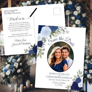 Postal De Anuncios Rosas Azules Elegantes & Foto de Boda Guardar la F