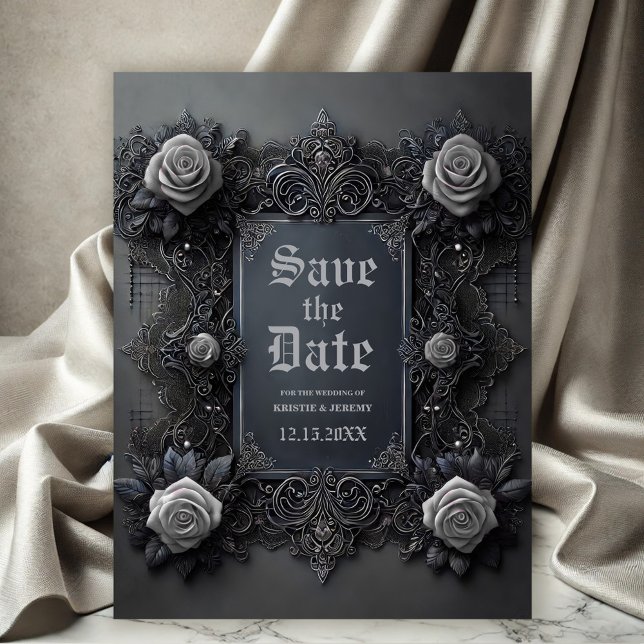 Postal De Anuncios Rosas blancas góticas en gris salvan la fecha (Gothic White Roses on Dark Gray Wedding Save the Date Announcement.)