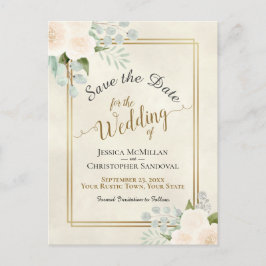 Postal De Anuncios Rosas Blancas y Eucalipto Boda Save the Date
