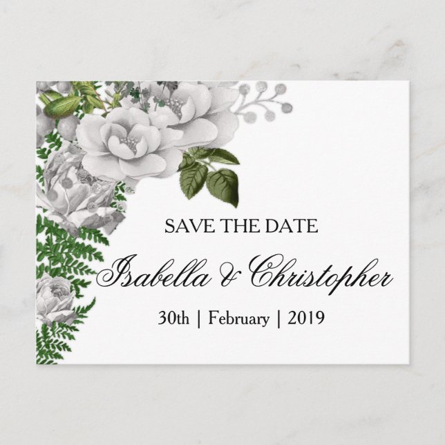 Postal De Anuncios Rosas Blancas y Helechos Save the Date de Boda (Anverso)