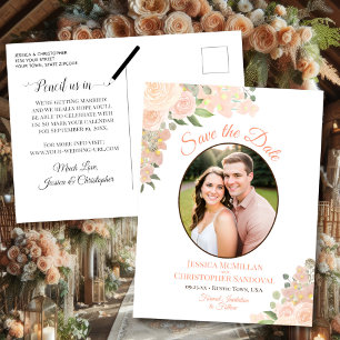 Postal De Anuncios Rosas Coral Melocotón Óvalo Foto Boda Salva la Fec