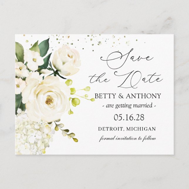 Postal De Anuncios Rosas crema blancas Hortensia Boda Guardar la fech (Anverso)