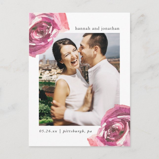 Postal De Anuncios Rosas de acuarela Boda Guardar la foto de fecha (Anverso)