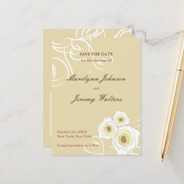 Postal De Anuncios Rosas de crema Remolino Romántico Boda Guardar la  (Anverso/Reverso In Situ)