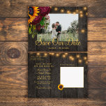 Postal De Anuncios Rosas de girasoles cultivan madera para salvar al<br><div class="desc">girasoles dorados amarillos, rosas borgoñosos y cuerdas de luces de manchas en una elegante foto de un granero marrón oscuro salvan la postal del boda de dátiles. Fácil de personalizar con sus nombres y texto en ambos lados! Adecuado para verano floral o otoño al aire libre jardín patio interior campo...</div>