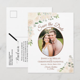Postal De Anuncios Rosas de melocotón sonrojo Foto oval Boda guardar 