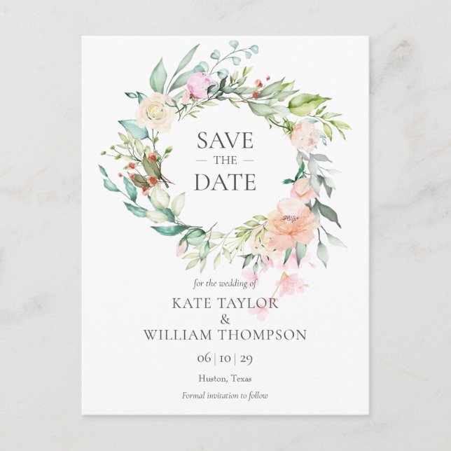 Postal De Anuncios Rosas de verano Garland Save the Date (Anverso)