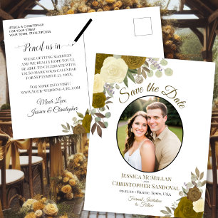 Postal De Anuncios Rosas Doradas Elegantes y Foto de Boda Save the Da