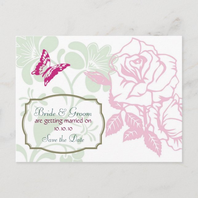 Postal De Anuncios Rosas ilustrados y primavera de mariposa Guardar l (Anverso)