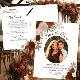 Postal De Anuncios Rosas Naranjas Elegantes y Foto de Boda para Guard