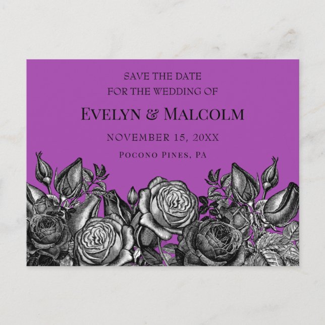Postal De Anuncios Rosas negros Purple Save the Date STD (Anverso)