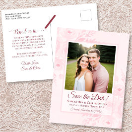 Postal De Anuncios Rosas Peonias Rosadas y Foto de Boda para Guardar 