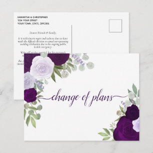 Postal De Anuncios Rosas Púrpura Elegantes Cambio de Planes de Boda