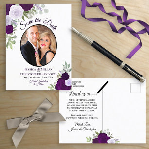 Postal De Anuncios Rosas púrpuras elegantes y foto de boda Guardar la