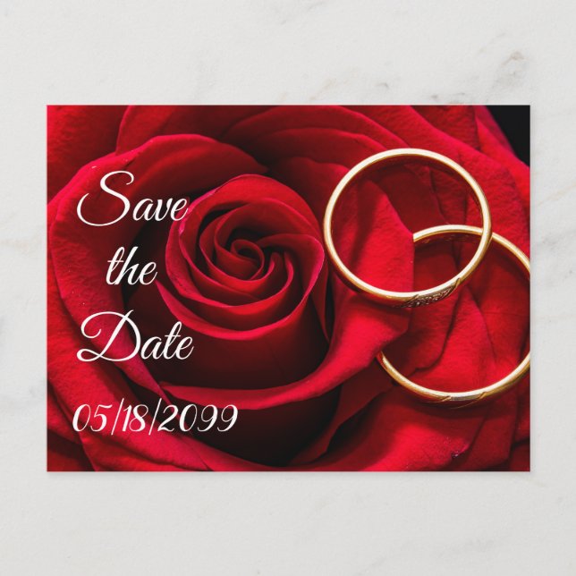 Postal De Anuncios Rosas Rojas con Anillos de Boda Guarda la Fecha (Anverso)