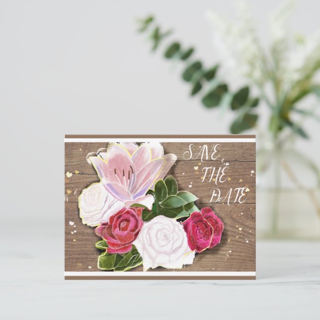 Postal De Anuncios Rosas Rojas y Blancas Shabby-Chic (Anverso de pie)