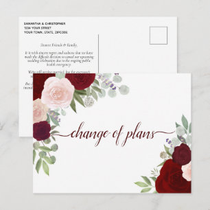 Postal De Anuncios Rosas Rojas y Rosadas Elegantes Cambio de Planes d