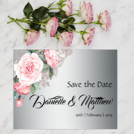 Postal De Anuncios Rosas rosadas y boda de plata Save the Date