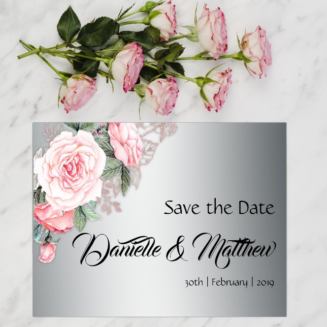 Postal De Anuncios Rosas rosadas y boda de plata Save the Date (Subido por el creador)