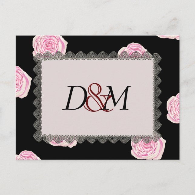 Postal De Anuncios Rosas rosados de col y Boda de encaje negro (Anverso)