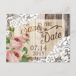Postal De Anuncios Rosas Tablones de Madera Rústica y Encaje Guardar 
