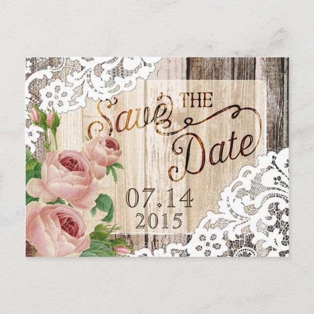 Postal De Anuncios Rosas Tablones de Madera Rústica y Encaje Guardar  (Anverso)