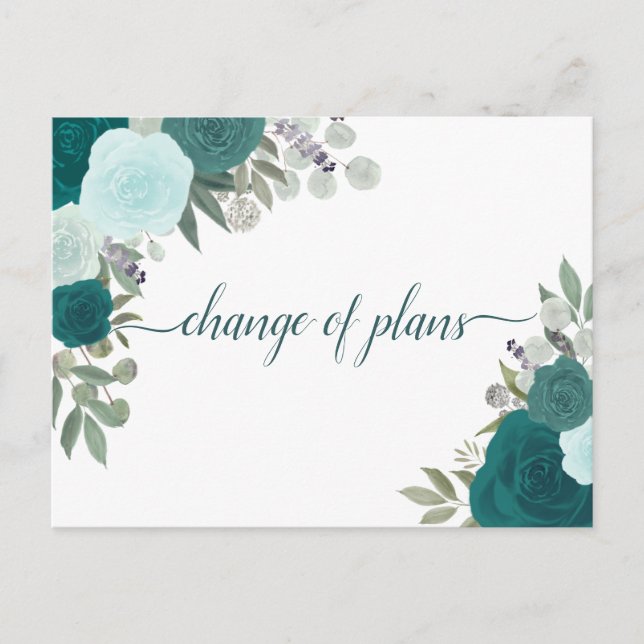 Postal De Anuncios Rosas Turquesa Elegantes Cambio de Planes de Boda (Anverso)
