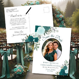 Postal De Anuncios Rosas Turquesas Elegantes y Foto de Boda para Guar