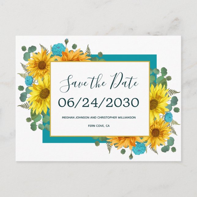 Postal De Anuncios Rosas Verde azulados de girasol rústicos casándose (Anverso)