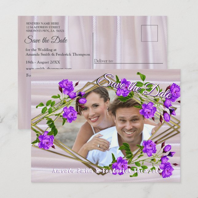 Postal De Anuncios Rosas violeta-púrpura sobre seda rosa claro (Anverso / Reverso)