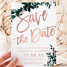 Postal De Anuncios Rose gold script Floral green white save the date